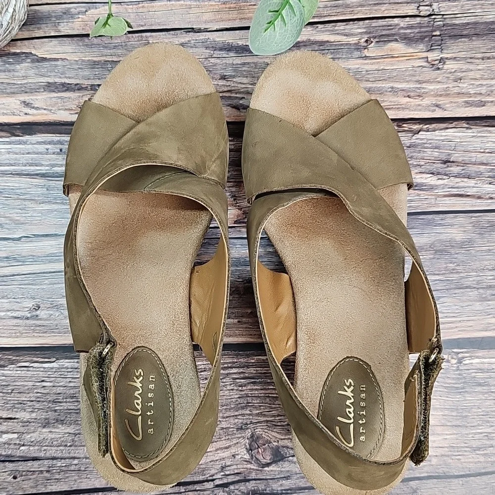 CLARKS ARTISAN SUEDE WEDGE CORK HEEL SLINGBACK SANDAL